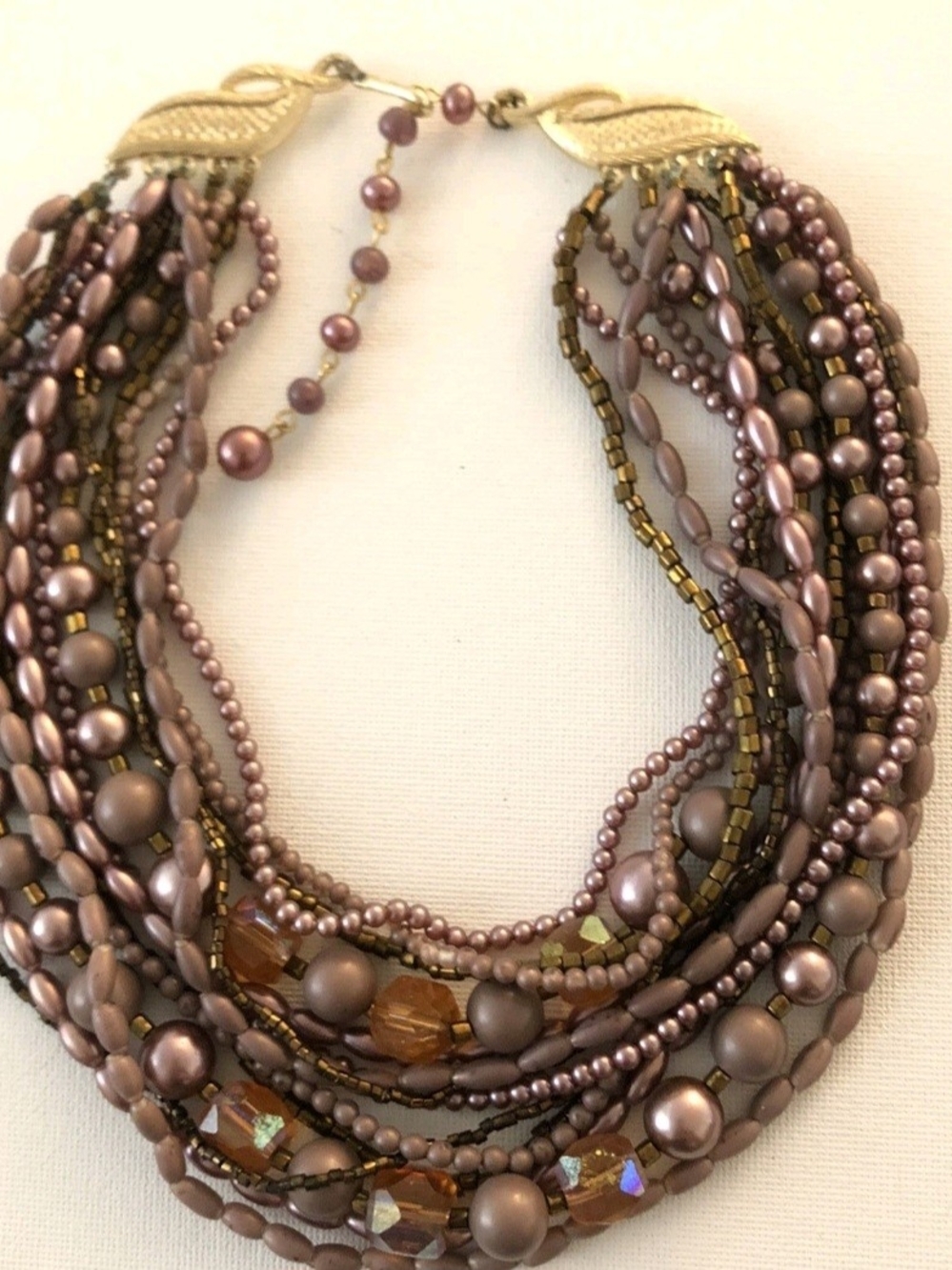 Multi-Strand Mauve Pearl and Bead Necklace with Gold Accents
